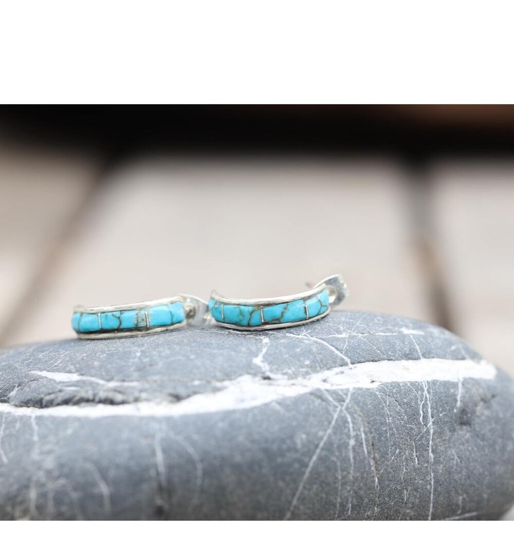 Navajo Sterling Silver Kingman Turquoise Inlay Hoop Earrings, Debbie Livingston